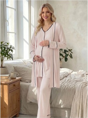 Hafsara Viscoz Yumuşak Dokulu Önden Düğmeli Sabahlıklı Lohusa Pijama Takımı