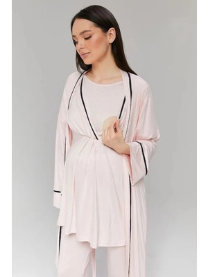 Hafsara %100 Pamuklu Sabahlıklı Biye Geçişli Lohusa Pijama Takımı