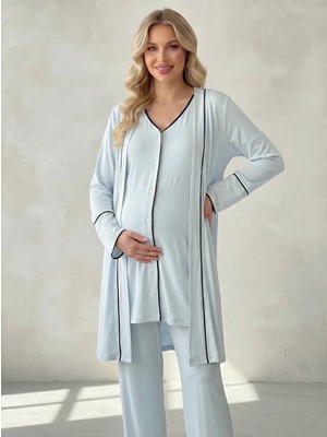 Hafsara Viscoz Yumuşak Dokulu Önden Düğmeli Sabahlıklı Lohusa Pijama Takımı