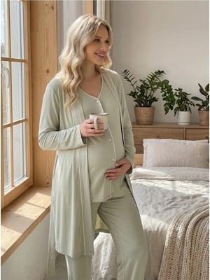 Hafsara Viscoz Yumuşak Dokulu Önden Düğmeli Sabahlıklı Lohusa Pijama Takımı