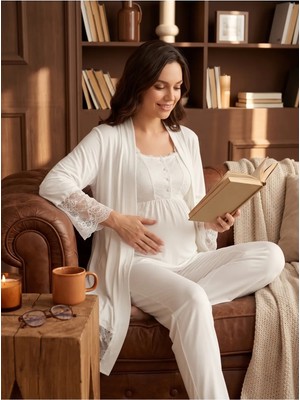 Hafsara Ekru Brode Detaylı Sabahlıklı Lohusa & Hamile Pijama Takımı
