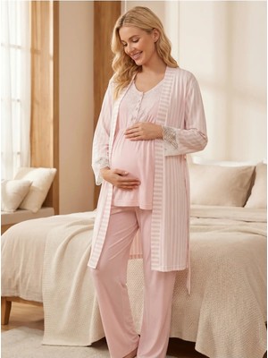 Hafsara Çizgili Dantel Detaylı Sabahlıklı Lohusa Pijama Takımı