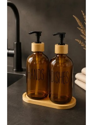 Azesur Bambu Stantlı Amber 2'li Cam Sıvı Sabunluk Seti 350ML