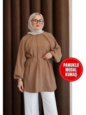 Moonsc Kadın Regular Fit Balon Kol Bel Bağlamalı Açık Kahve Tesettür Tunik