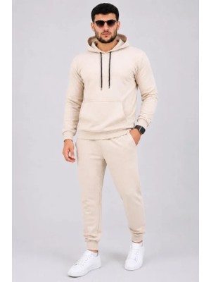 Oada Erkek Iki Iplik Kapüşonlu Kanguru Cepli Sweatshirt Jogger Pantolon Alt Üst Eşofman Takımı -Bej