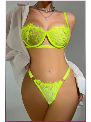 Pileli Store Kadın Neon Yeşil Dantelli Balenli  Sütyen Külot Takım