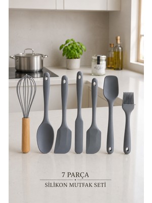 iselahome Arel Silikon Mutfak Seti 6 Parça Isıya Dayanıklı Spatula Kaşık Fırça Seti+Çırpıcı Hediyeli-Gri