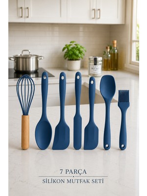 iselahome Arel Silikon Mutfak Seti 6 Parça Isıya Dayanıklı Spatula Kaşık Fırça Seti+Çırpıcı Hediyeli-Mavi