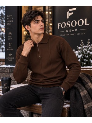 Fosool Erkek Polo Yaka Fermuarlı Triko Kazak – Uzun Kollu Şık Günlük Kışlık Kazak – Beyaz, Siyah, Kahverengi, Bej