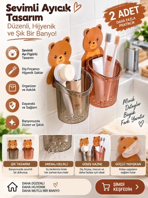 Tasarım Evi 2 Adet Ayı Figürlü Diş Fırçalık Organizer Çok Renkli Dayanıklı Plastik Malzeme ile