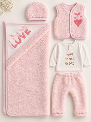 Lilliy Kız Bebek 0-3 Ay Welsoft 5 Parça Yenidoğan Hastane Çıkışı Seti Peluş Yelek Pantolon Battaniye Şapka