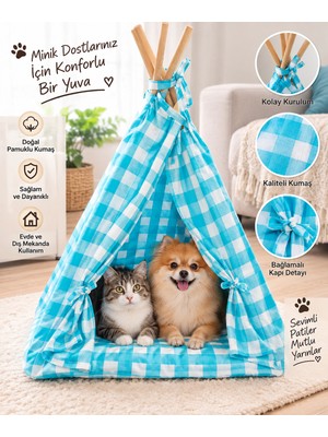 Daisy Kedi Köpek Çadırı Turkuaz Beyaz Kareli Evcil Hayvan Çadırı Katlanabilir Pet Yatağı
