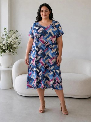 Emeliya Moda Emeliyamoda Büyük Beden Midi Viskon Desenli Kısa Kollu Anne Elbise