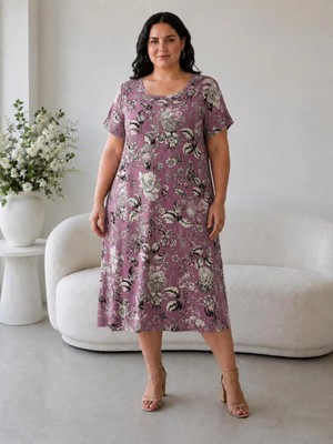 Emeliya Moda Emeliyamoda Büyük Beden Midi Viskon Desenli Kısa Kollu Anne Elbise