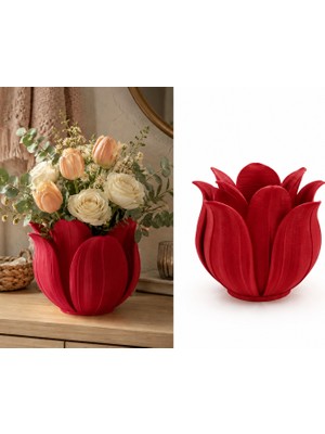 3D Baskı Lotus Yapraklı Vazo - Dekoratif Çiçeklik-Kırmızı