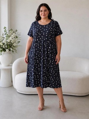 Emeliya Moda Emeliyamoda Büyük Beden Midi Viskon Desenli Kısa Kollu Anne Elbise