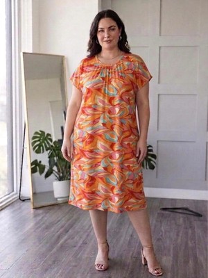 Emeliya Moda Emeliyamoda Düşük Kol Büyük Beden Pamuklu Anne Elbise