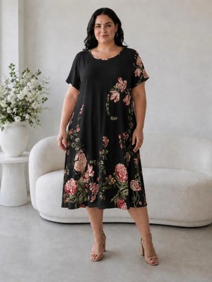 Emeliya Moda Emeliyamoda Büyük Beden Midi Viskon Desenli Kısa Kollu Anne Elbise