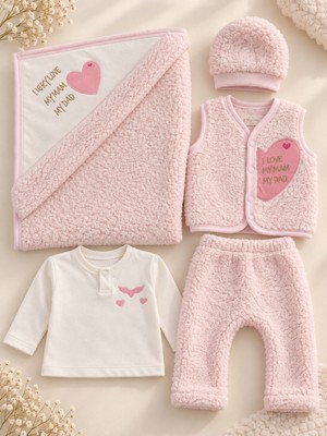 Lilliy Kız Bebek 0-3 Ay Welsoft 5 Parça Yenidoğan Hastane Çıkışı Seti Peluş Yelek Pantolon Battaniye Şapka