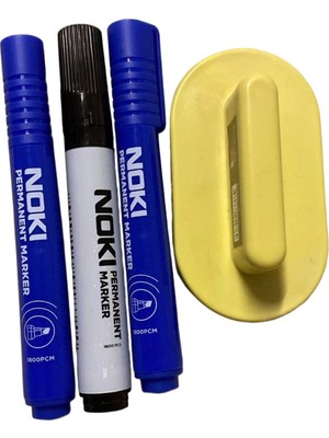 Noki 1800PCM Permanent Marker Kalem Mavi + Siyah 3'lü Set ve Tahta Silgisi - Kalıcı Işaretleyici