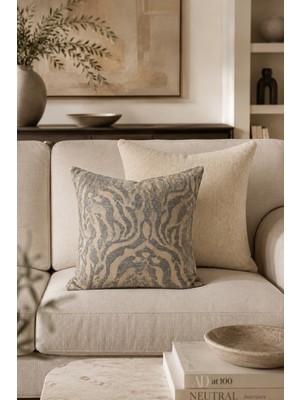 Fuly Consept Home Design Fuly Consept 43X43 cm 2’li Dekoratif Kırlent Kılıfı Seti Gri Bej Desenli ve Krem Dokulu