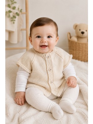 Setfix El Örgüsü Bebek Yeleği, 3-6 Ay, Dikişsiz, Kısa Kollu, Düğmeli, Anti Pilling, Handmade
