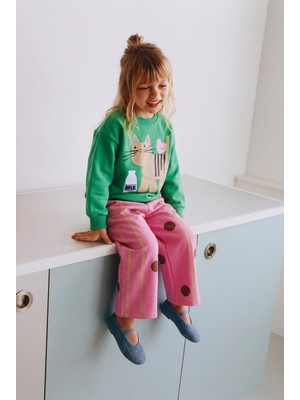Magu Çocuk Pamuklu Kedi Baskılı Yeşil Sweatshirt ve Puantiyeli Pembe Eşofman Takımı
