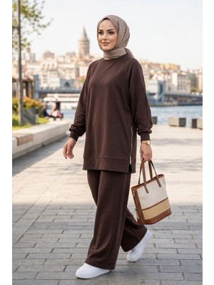Modestim Kadın Kahve Yanı Fermuarlı Modal Kumaş Rahat Kesim  Sweatshirt Pantolon Tesettür Takım
