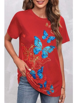 Pomeya  Kadın Kısa Kollu Mavi Sarı Kelebek Baskı Süprem T-Shirt