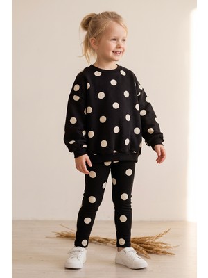 Babymod Kız Çocuk Pamuklu Siyah Puantiye Desenli Sweatshirt Tayt Alt-Üst Takım