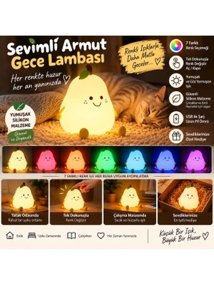 Tasarım Evi Renkli USB Şarj Edilebilir Armut Gece Lambası, Silikon, Hediyelik Eşya, Çocuk Gece Lambası