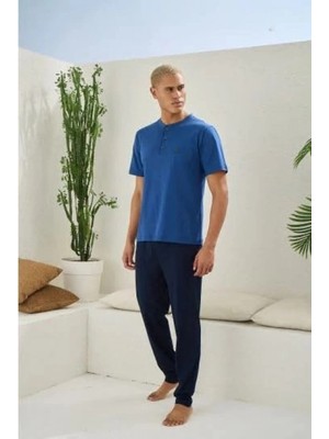Pileli Store Erkek 2207 Erkek  Battal Midi Yaka Pijama Takım