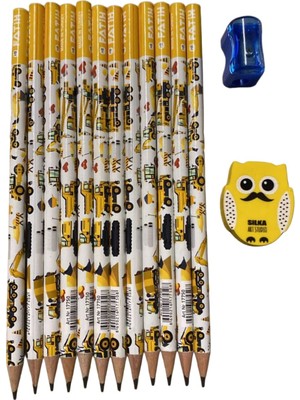 Belirtilmemiş Fatih Kurşun Kalem 12'li Set Iş Makinesi Desenli Hb + Silka Baykuş Silgi + Mavi Kalemtıraş