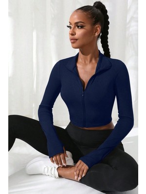 Pileli Store Kadın Lacivert Uzun Kol Fermuarlı Parmak Geçme Detaylı Dik Yaka Crop Top Bluz