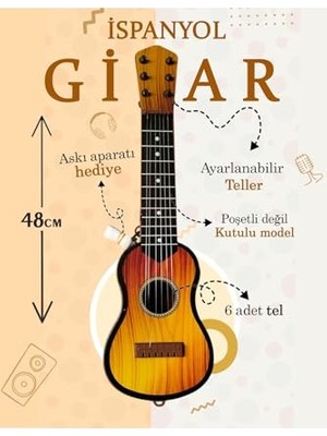 48 cm Oyuncak Ispanyol Gitar - Akort Edilebilir 6 Telli Ispanyol Çocuk Gitarı Askı Aparatı Hediye Kahverengi