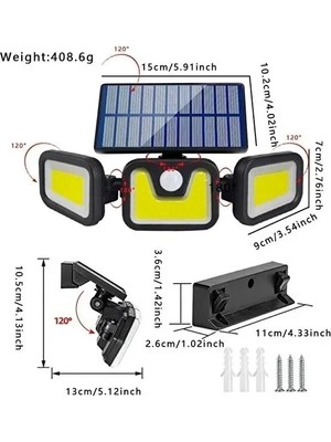 Varsoph Üçlü Solar LED Projektör – Beyaz Işık – Sensörlü Dış Mekân Aydınlatma (5468)