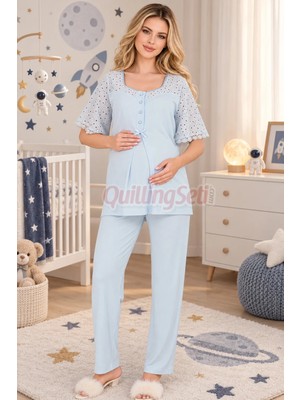 Quilling Bebe Mavi Renkli Dantel Detaylı, 33207 Kısa Kol, 2 Parça Lohusa Hamile Pijama Takımı