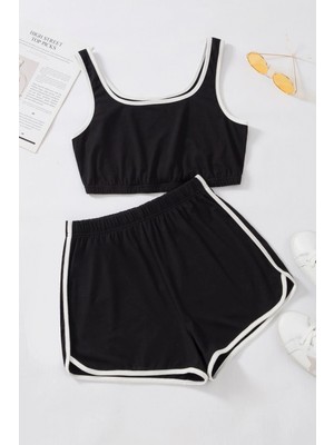 Pileli Store Kadın Siyah Askılı Crop Top ve Şortlu Gecelik Takım