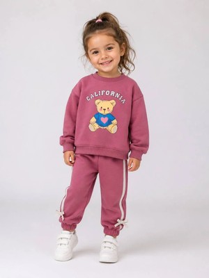Ponki Kız Çocuk Gül Kurusu Teddy Bear Baskılı Eşofman Takımı
