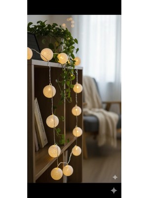 Eser Ticarett 3 Metre 10 Top Cotton Ball LED Işık Zinciri - Dekoratif Pamuk Top Gece Lambası Sıcak Beyaz
