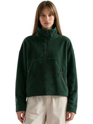 Hiccup Kadınlar Busem Kadın Yarım Fermuarlı Kısa Sweatshirt Orman Yeşili