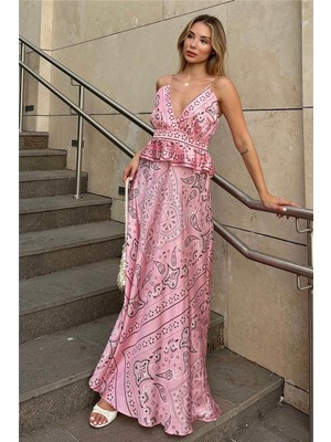 Swist Pembe Ince Askılı Sırt Bağlamalı Şal Desen Kadın Saten Midi Elbise