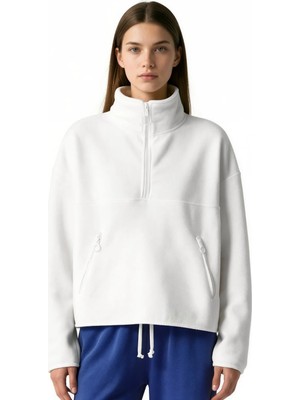 Hiccup Kadınlar Busem Kadın Yarım Fermuarlı Kısa Sweatshirt Krem Doğal