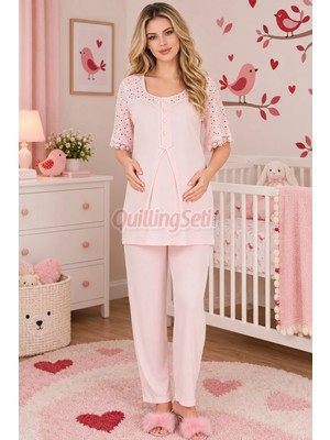 Quilling Bebe Pembe Renkli Dantel Detaylı, 33207 Kısa Kol, 2 Parça Lohusa Hamile Pijama Takımı