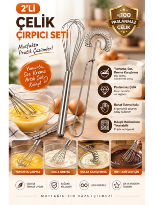 Tasarım Evi 2'li Metal Çırpıcı Seti Pasta Kek Çırpma Teli Paslanmaz Metal
