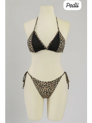 Pileli Store Kadın Siyah ve Leopar Detaylı Yandan Bağlamalı Bikini Takımı