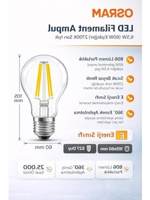 LED Filament Ampul, 6.5W Sarı Işık, 806 Lümen, E27 Duy ile Enerji Tasarrufu