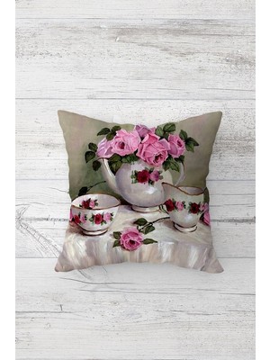 Odea Pelangi Vintage Çiçek Desenli Çift Tarafı Baskılı Gizli Fermuarlı Yastık Kılıfı Kırlent Koltuk Yastık Kılıfı, Gri-Pembe-Yeşil 45 x 45, 24691169645451