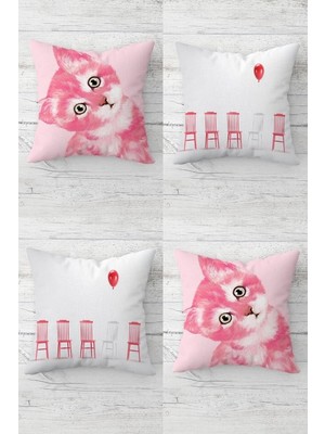 Odea Pelangi Kedili Balonlu Kedi Desenli Gizli Fermuarlı Kırlent Kılıfı Koltuk Yastık Kılıfı TAKIM(4ADET), Pembe-Beyaz 43 x 43