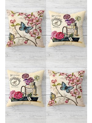 Odea Pelangi Kelebek ve Çiçekler Desenli Vintage Gizli Fermuarlı Kırlent Kılıfı Koltuk Yastık Kılıfı TAKIM(4ADET), Pembe-Somon 45 x 45